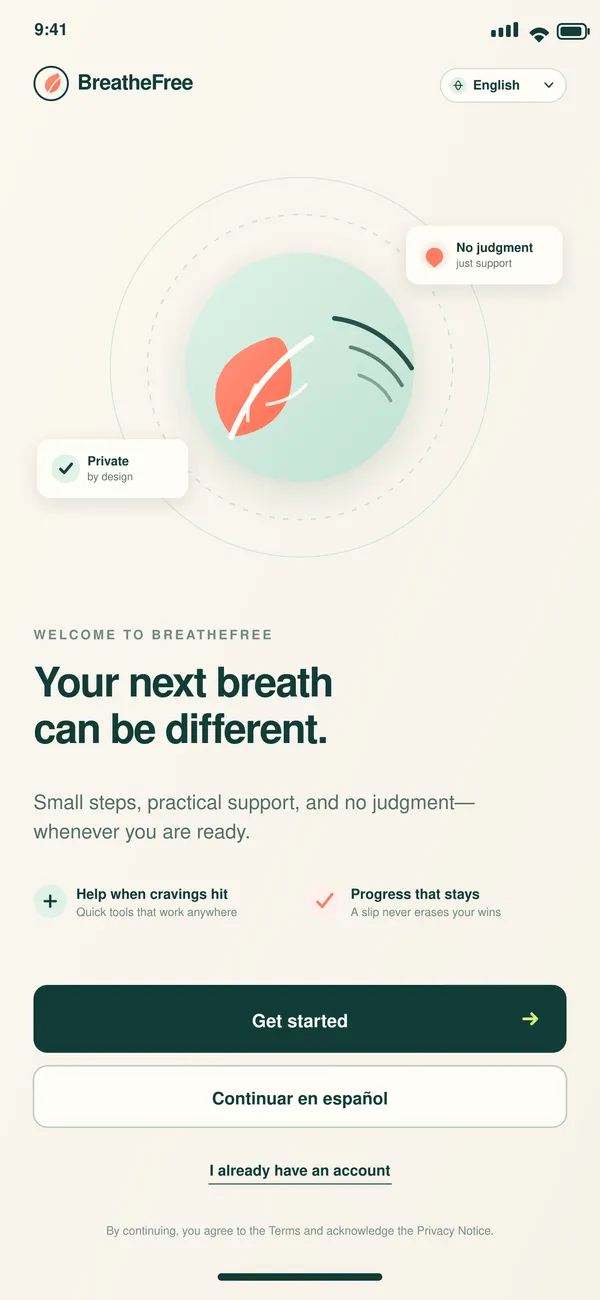 BreatheFree screen 1: Welcome. Introduces BreatheFree, language choice and the private, judgment-free promise.
