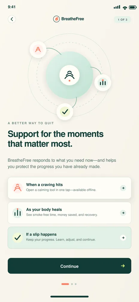 BreatheFree screen 2: Why BreatheFree. Explains how the app supports cravings, planning and progress.