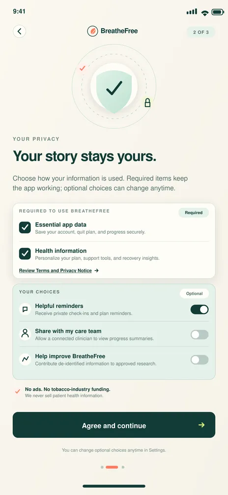 BreatheFree screen 3: Consent & privacy. Collects informed consent and explains data choices in plain language.