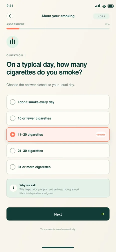 BreatheFree screen 4: Baseline assessment. Records current smoking patterns without judgment.