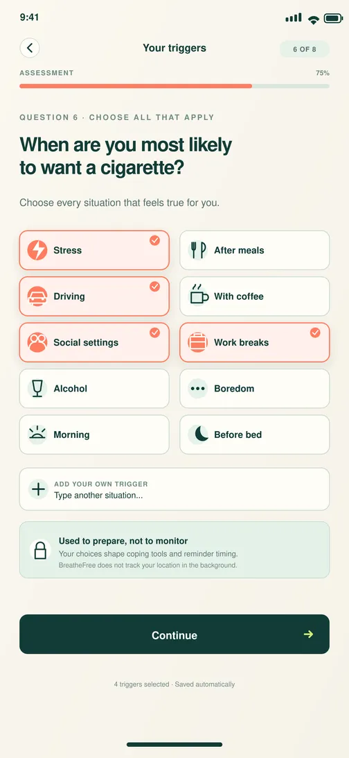 BreatheFree screen 5: Trigger map. Identifies situations and feelings linked to smoking.