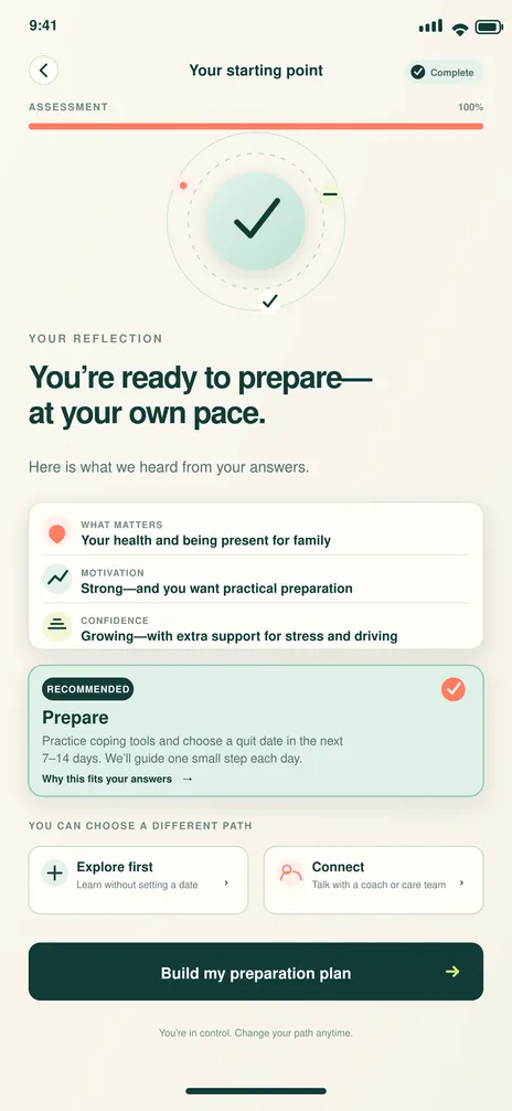 BreatheFree screen 6: Readiness result. Reflects readiness and recommends a flexible next step.