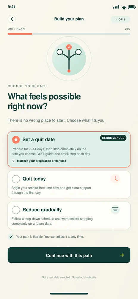 BreatheFree screen 7: Choose quit path. Lets the patient choose a quit-date or gradual-reduction path.