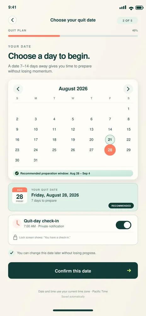BreatheFree screen 8: Select quit date. Selects a realistic quit date with planning guidance.