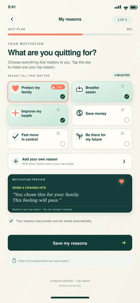 BreatheFree screen 9: My reasons. Captures personal reasons the patient wants to quit.