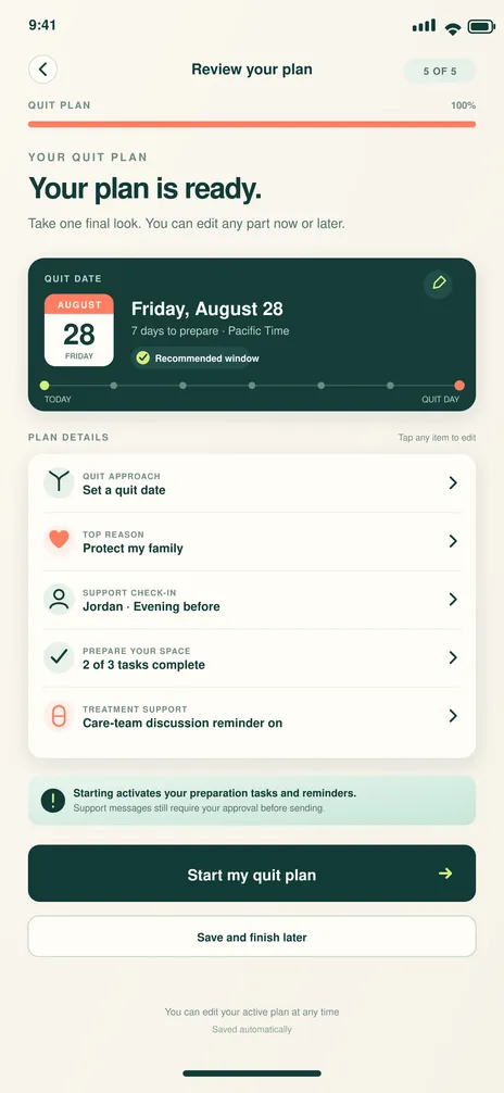 BreatheFree screen 11: Review quit plan. Reviews every plan choice before activation.