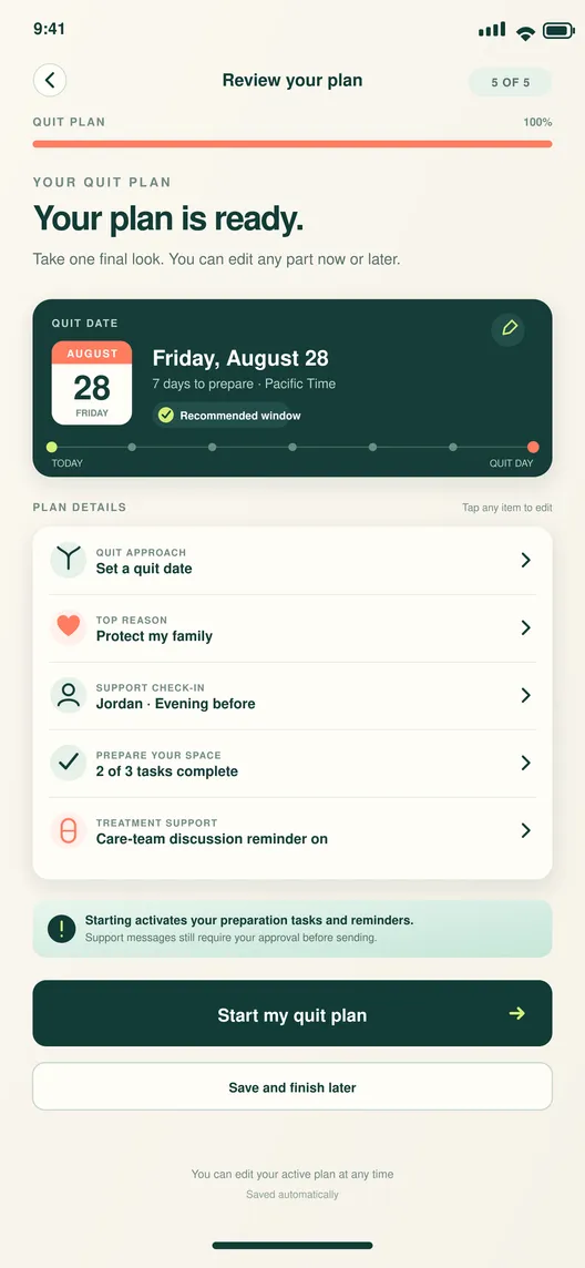 BreatheFree screen 11: Review quit plan. Reviews every plan choice before activation.
