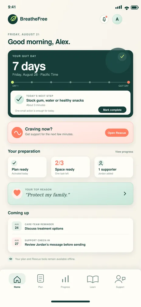 BreatheFree screen 12: Preparation home. Daily home before quit day with tasks, check-in and craving support.