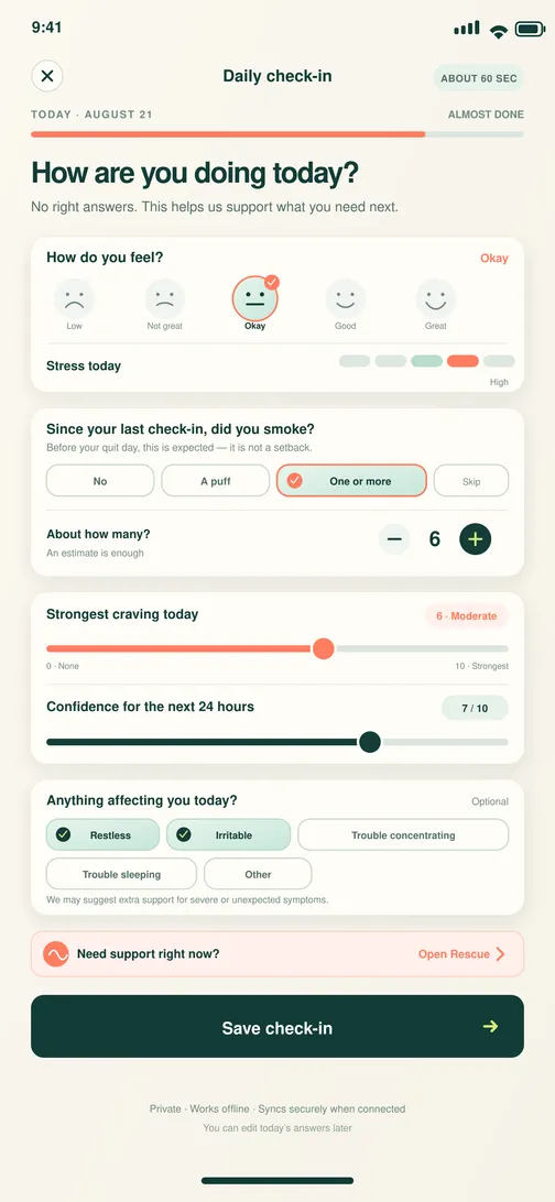 BreatheFree screen 13: Daily check-in. Records a quick, nonpunitive daily status in under 90 seconds.