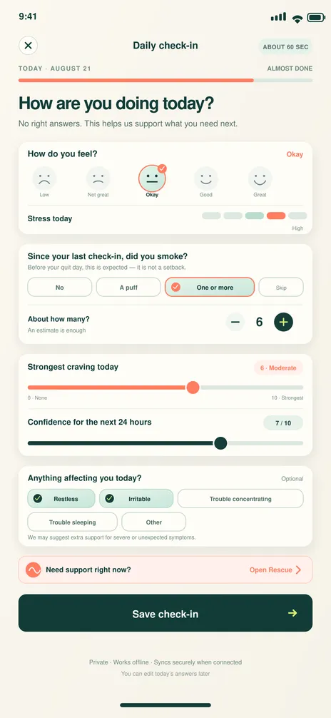BreatheFree screen 13: Daily check-in. Records a quick, nonpunitive daily status in under 90 seconds.