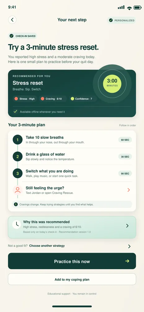 BreatheFree screen 14: Personalized next step. Recommends one manageable action based on the check-in.