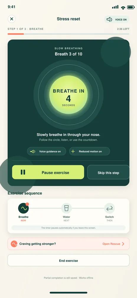BreatheFree screen 15: Guided stress reset. Runs a calm, guided breathing exercise.