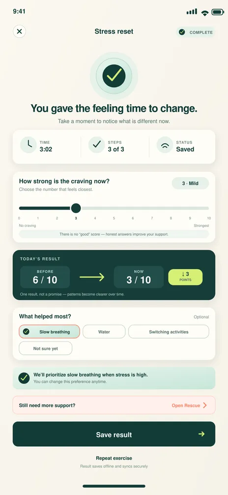 BreatheFree screen 16: Exercise complete & recheck. Measures how the exercise felt and recommends what to do next.