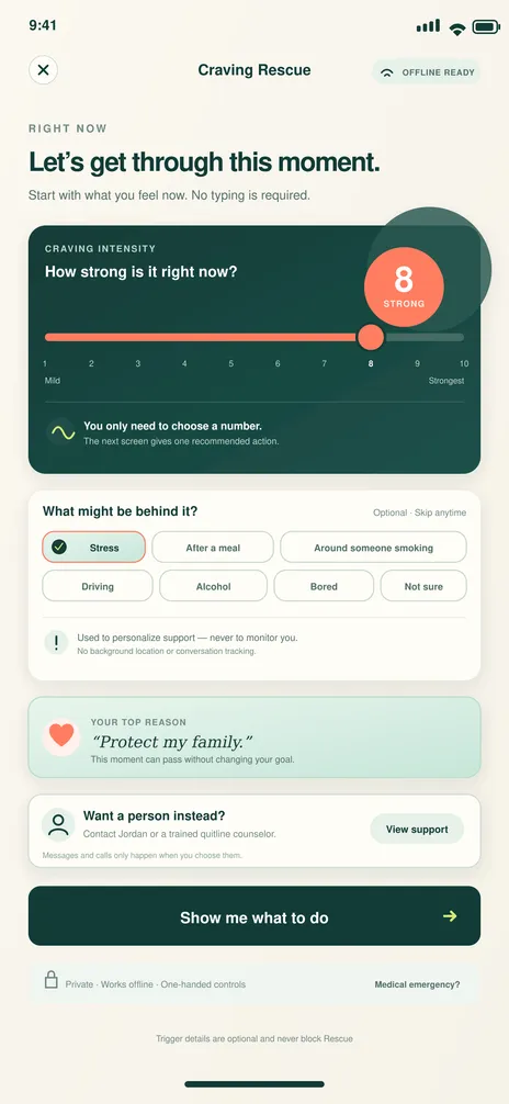 BreatheFree screen 17: Craving rescue start. Starts immediate, one-handed help that also works offline.