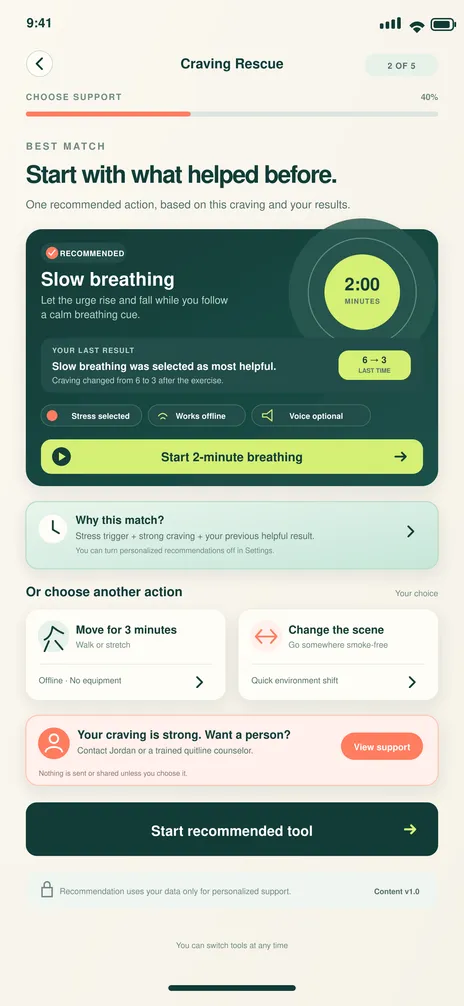 BreatheFree screen 18: Recommended rescue tool. Suggests a short coping tool matched to the craving.