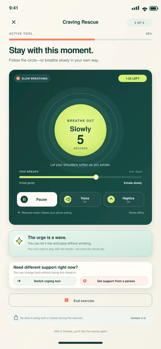 BreatheFree screen 19: Active craving rescue. Guides the selected coping tool in real time.