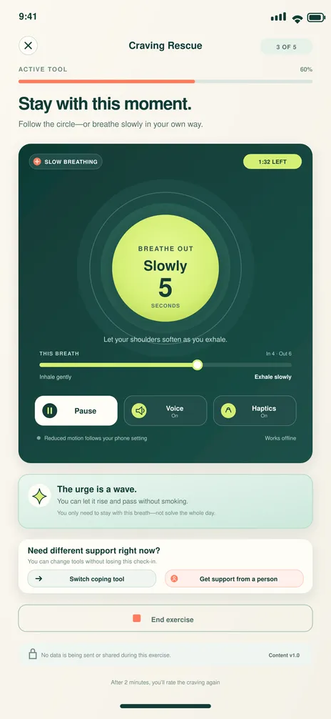 BreatheFree screen 19: Active craving rescue. Guides the selected coping tool in real time.