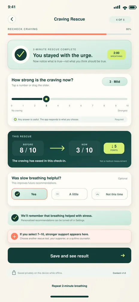 BreatheFree screen 20: Craving recheck. Rechecks craving intensity without claiming a clinical measurement.