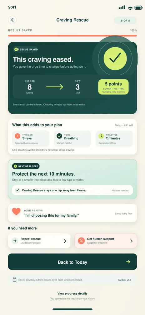 BreatheFree screen 21: Rescue result & next step. Shows the patient-reported change and offers another safe option.