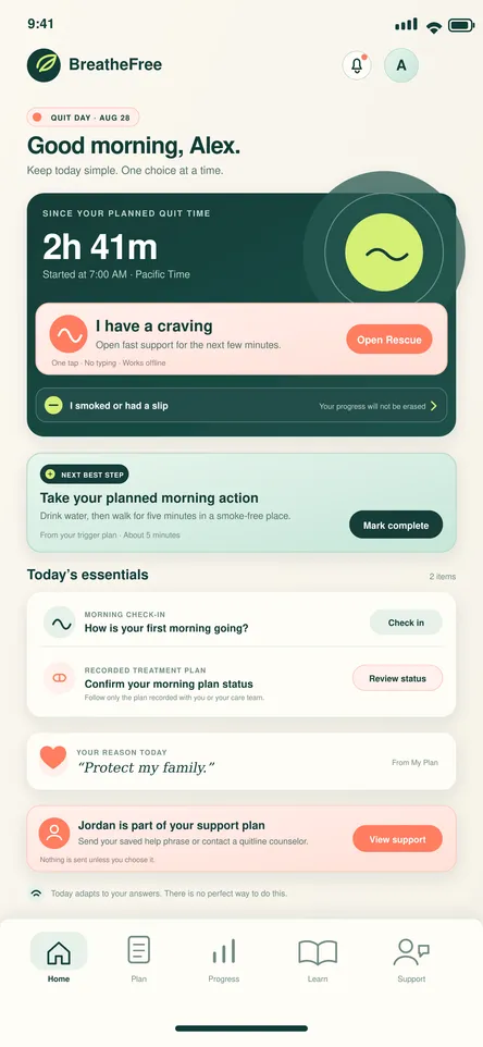 BreatheFree screen 22: Quit-day home. Supports the patient through quit day with immediate help and check-ins.