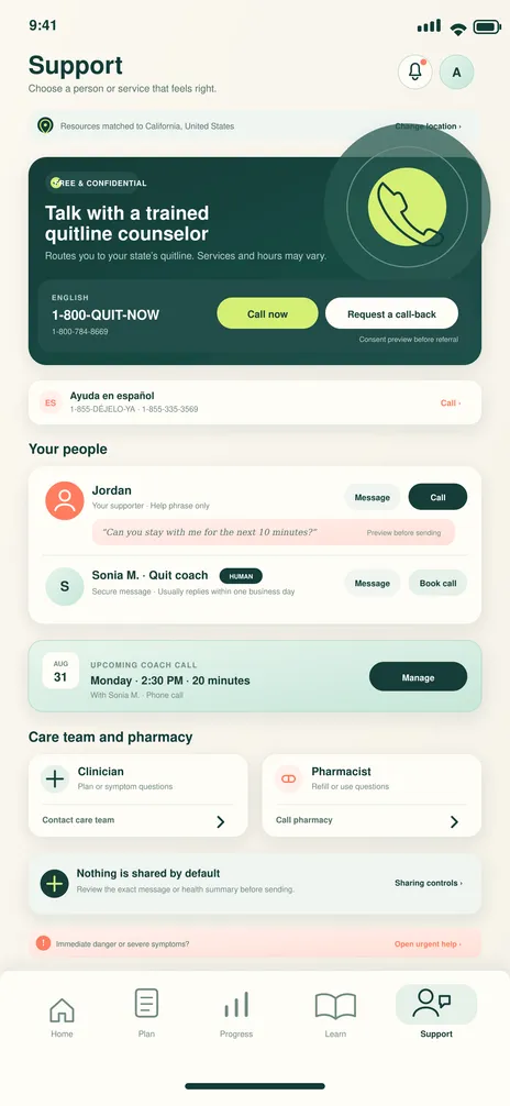 BreatheFree screen 27: Support hub. Connects the patient to quitlines, supporters, coaches and care teams.