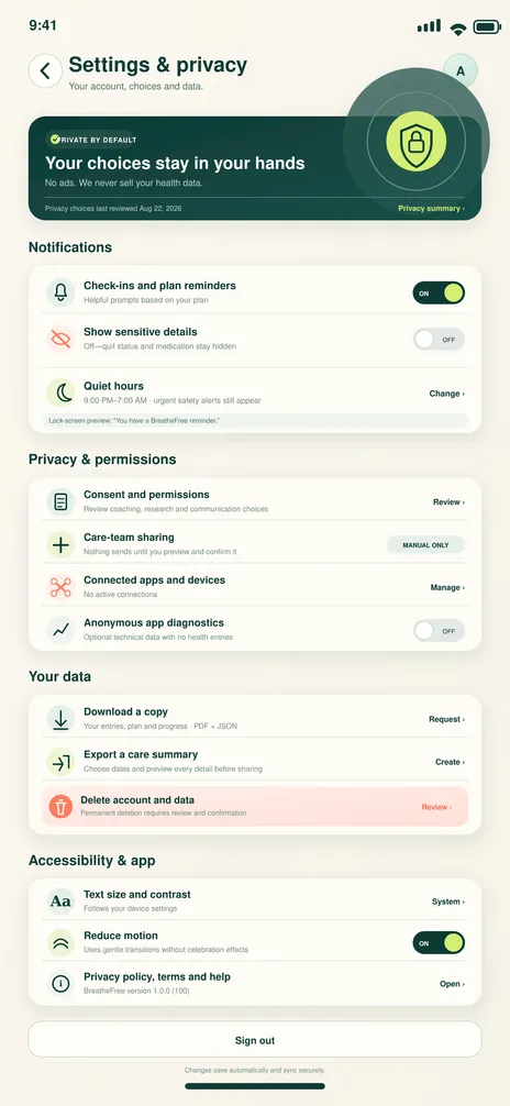 BreatheFree screen 28: Settings & privacy. Centralizes notification privacy, consent, exports, accessibility and deletion.