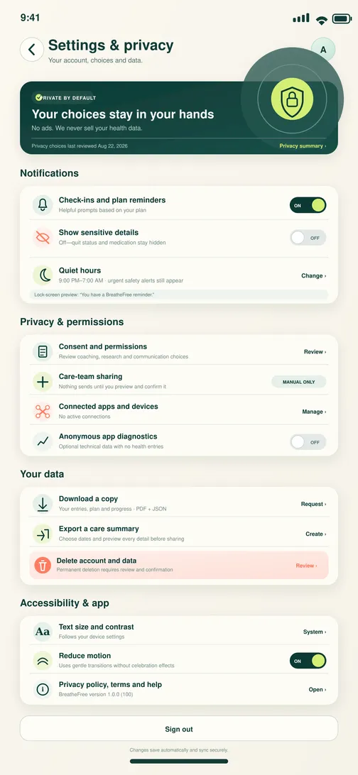BreatheFree screen 28: Settings & privacy. Centralizes notification privacy, consent, exports, accessibility and deletion.